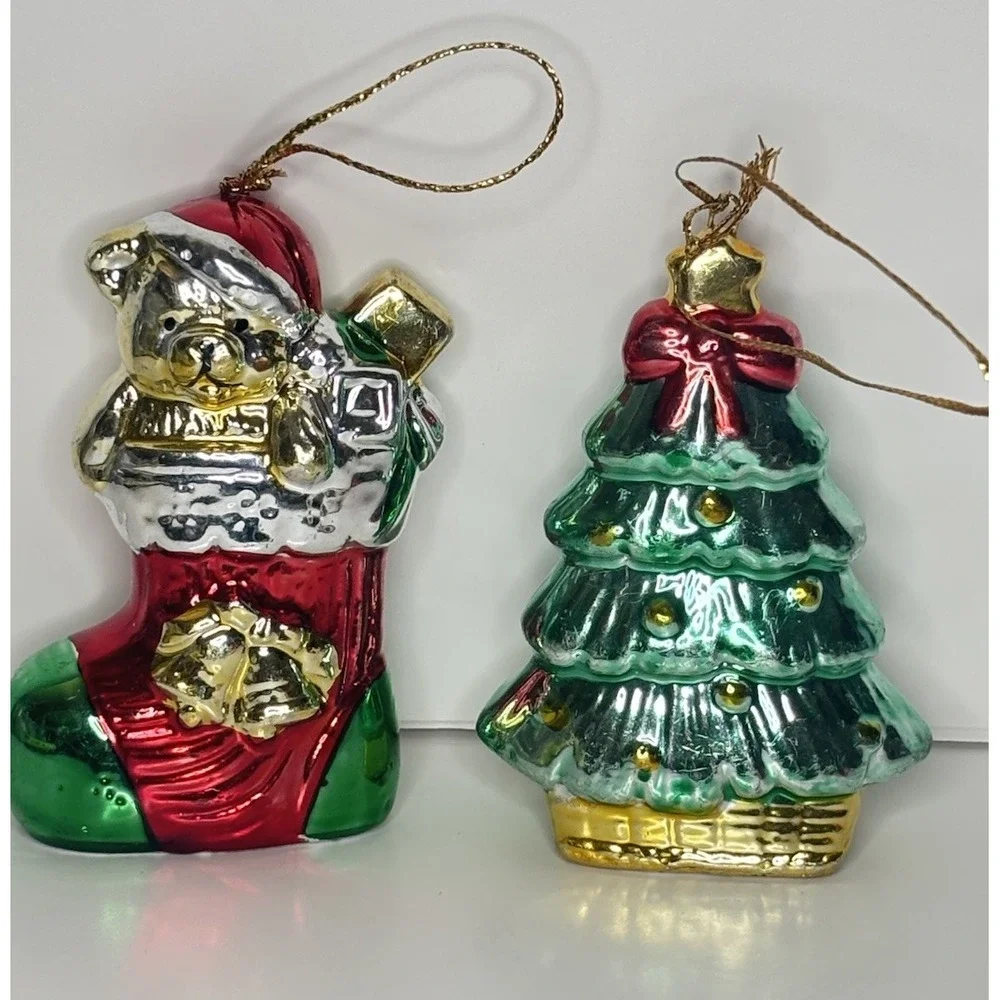 2 Vintage Metallic Ceramic Christmas Ornaments Tree & Stocking 3
